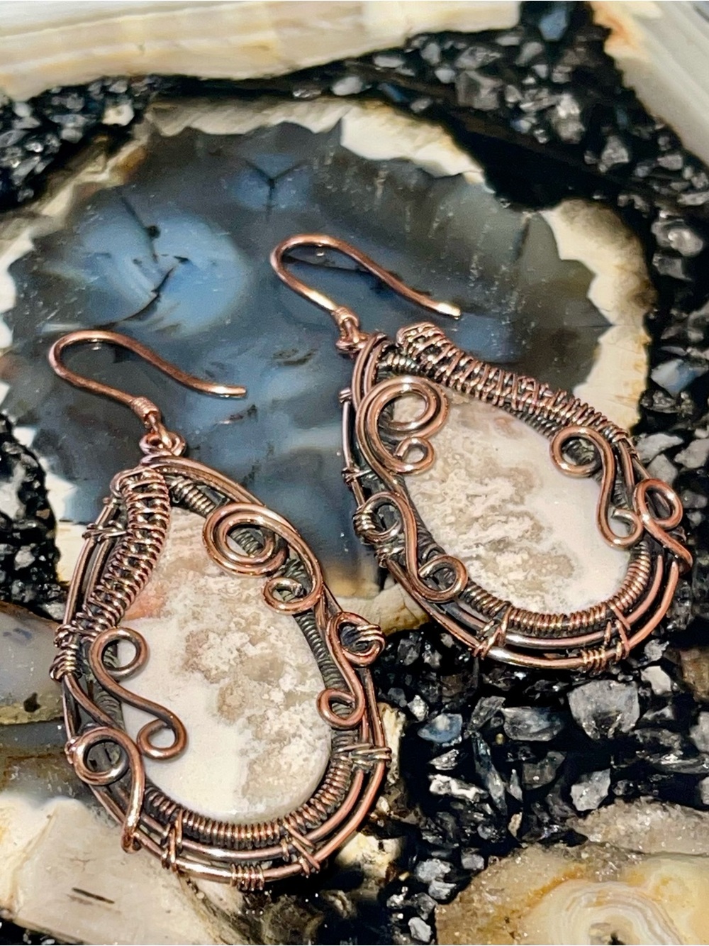 Copper Wire-wrapped Crazy Lace Agate Earrings 2 1/4” - Picture 14 of 17